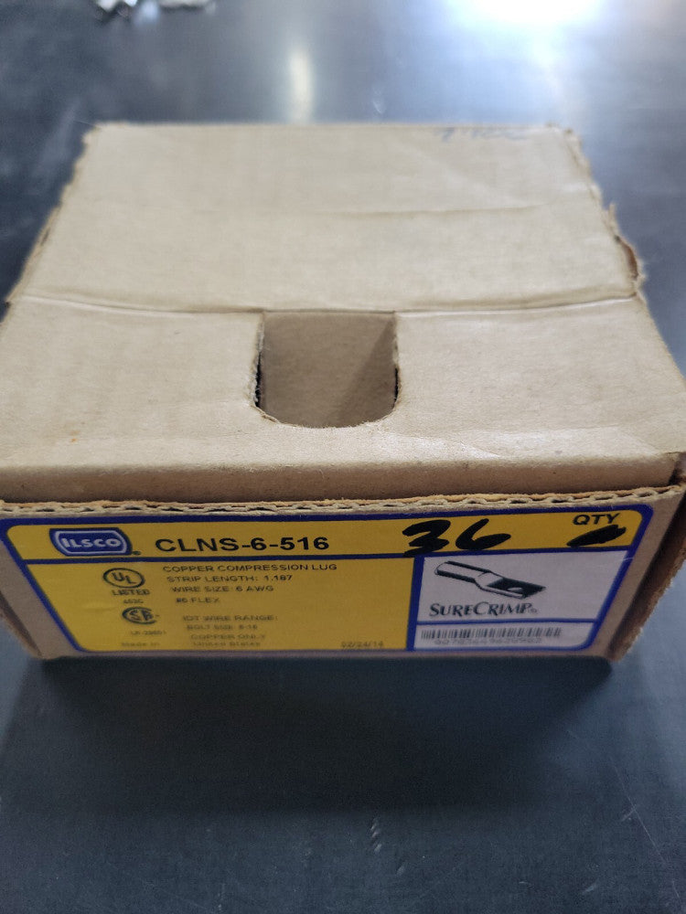 New! Box of 36 Ilsco CLNS-6-516 Compression Lug, 1-Hole, Copper, 6 AWG