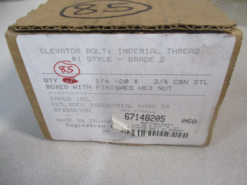 (BOEC14012wHex) 1/4-20 31/32″ x 3/4″ OAL Steel Elevator Bolt - Pack of 85 