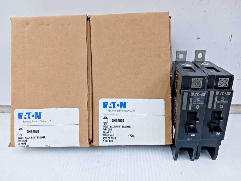 Lot Of Two) New Eaton 20 Amp Bolt-On Circuit Breaker 1 Pole 277 VAC 65kA GHB1020