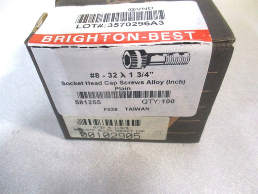 (581255P) #8-32 UNC 1-3/4" OAL Alloy Steel Hex Socket Cap Screw - Pack of 100 