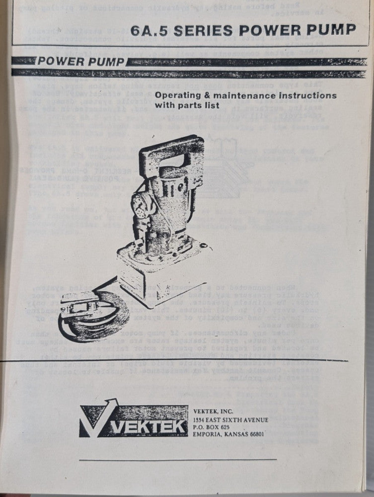 Vektek 6A.5 Series Power Pump Operating & Maintenance Instructions, Parts List