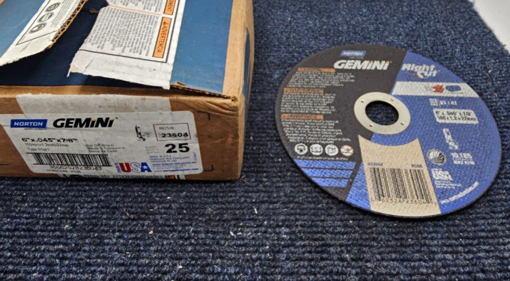 (25 PIECES) Norton 23604 Gemini Cut Off Wheels 6" x .045" x 7/8"