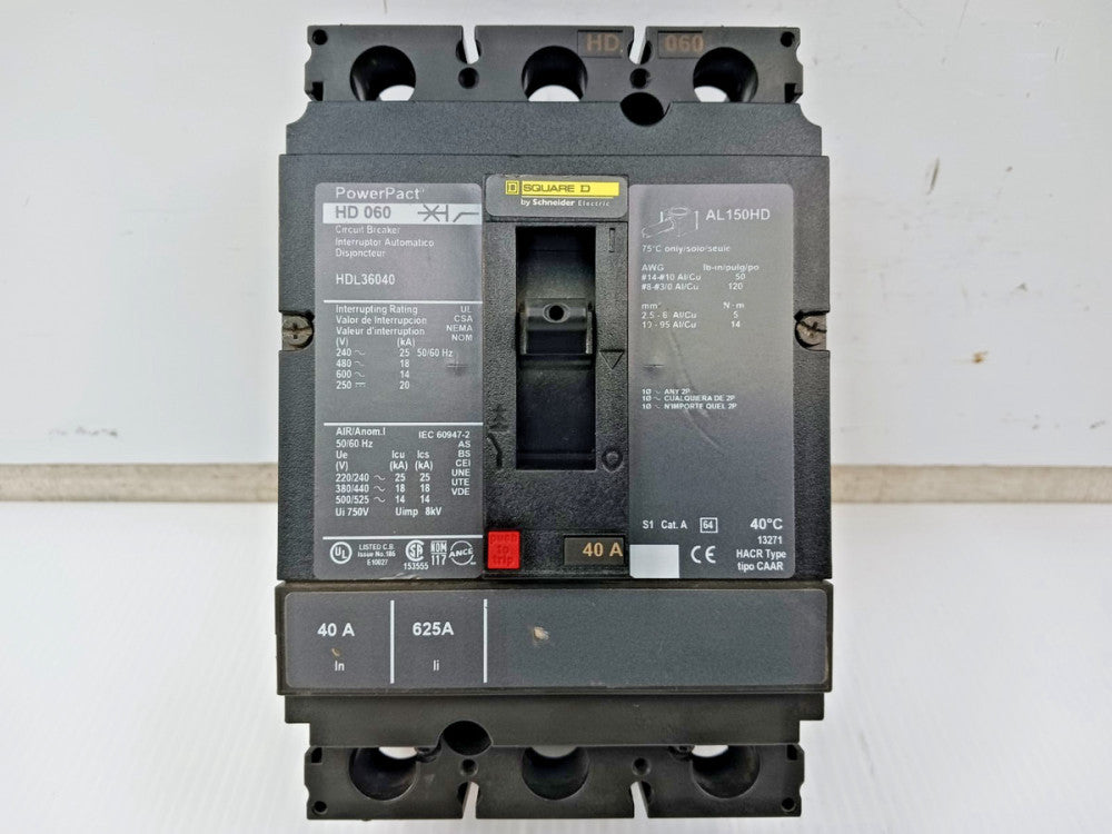 New Square D PowerPact 40 Amp Circuit Breaker 3 Pole 600 VAC / 250 VDC HDL36040