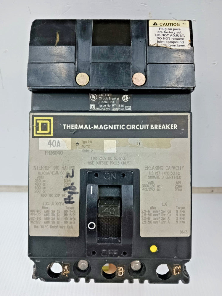 Square D 40 Amp I-Line Thermal-Magnetic Circuit Breaker 3P 600V FH36040 (Flaw)