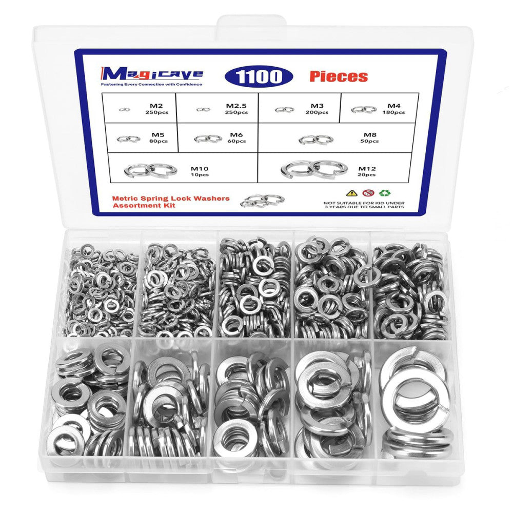 1100 Pcs Spring Lock Washers Assortment Kit Metric Split Lock Washers 304 Sta...