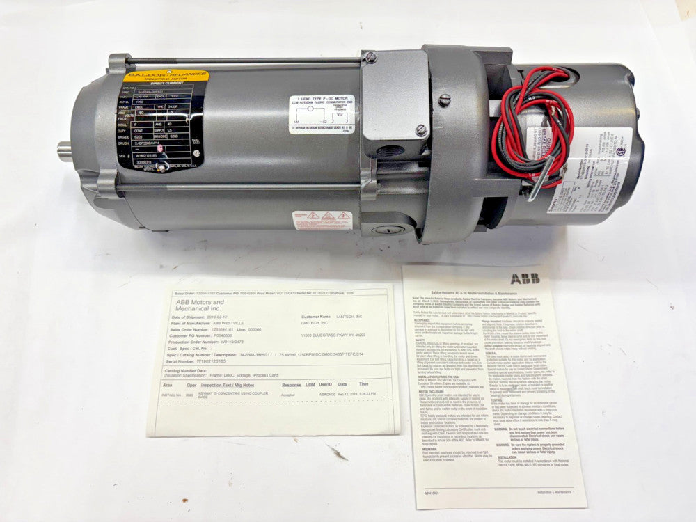 BALDOR RELIANCE MOTOR, MODEL 34-6588-3865G1, HP .75KW, 180VOLTS, 1750AMPS