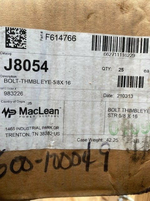 (Case of 25) MacLean J8054 Thimbleye Bolt, Steel, 16 in