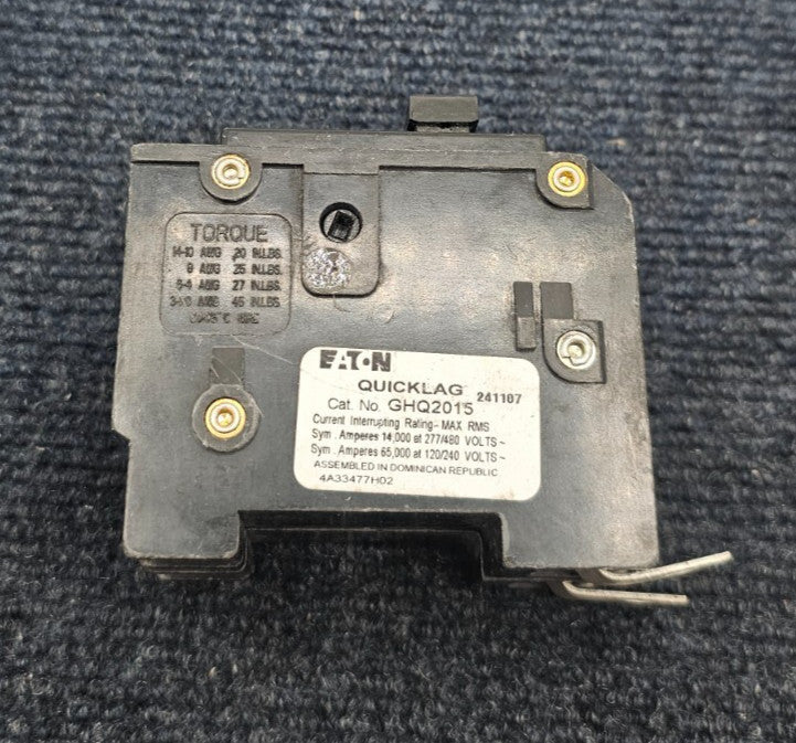 EATON GHQ2015: 2 Pole 15 AMP Circuit Breaker 277 480 VAC Quicklag Type