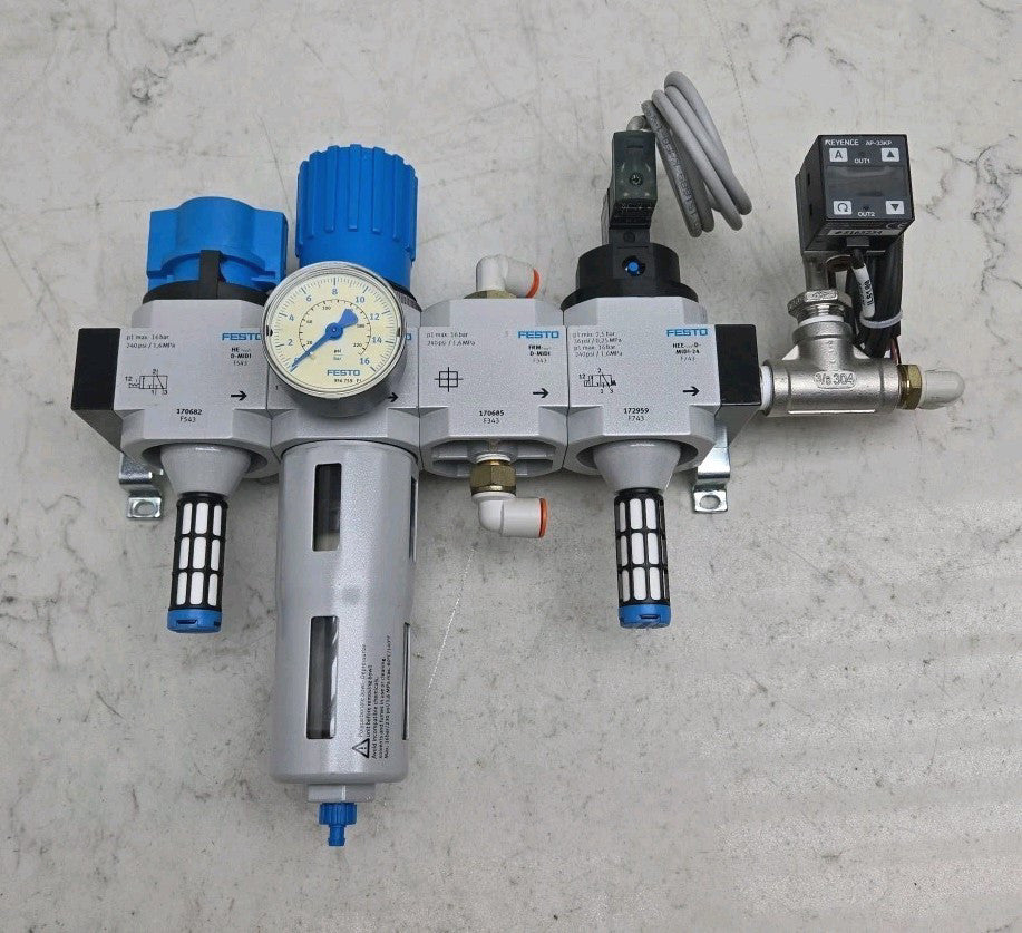 Festo Air Assembly LFR-3/8-D-MIDI w/ Valves 170685 170682 172959 Keyence AP-33KP
