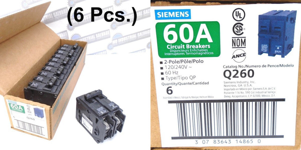 (6 pcs) SIEMENS - Q260 - 60A PLUG-IN BREAKER - 120/240V 10kA - 2-PL -NEW in CASE
