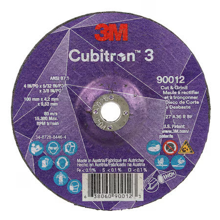 3M Cubitron 90012 Cut-Off And Grinding Wheel, Type 27, 4 In Dia, 0.156 In