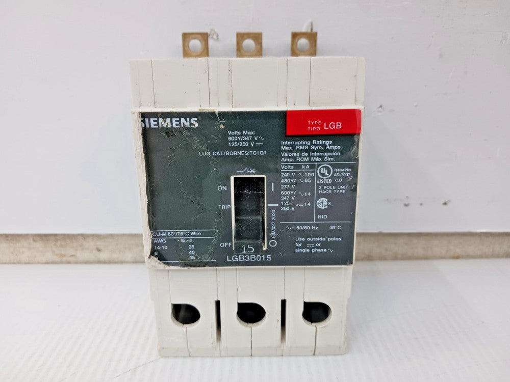 Siemens 15 Amp Bolt-On Circuit Breaker 3 Pole 600Y/347 VAC 65kA LGB3B015