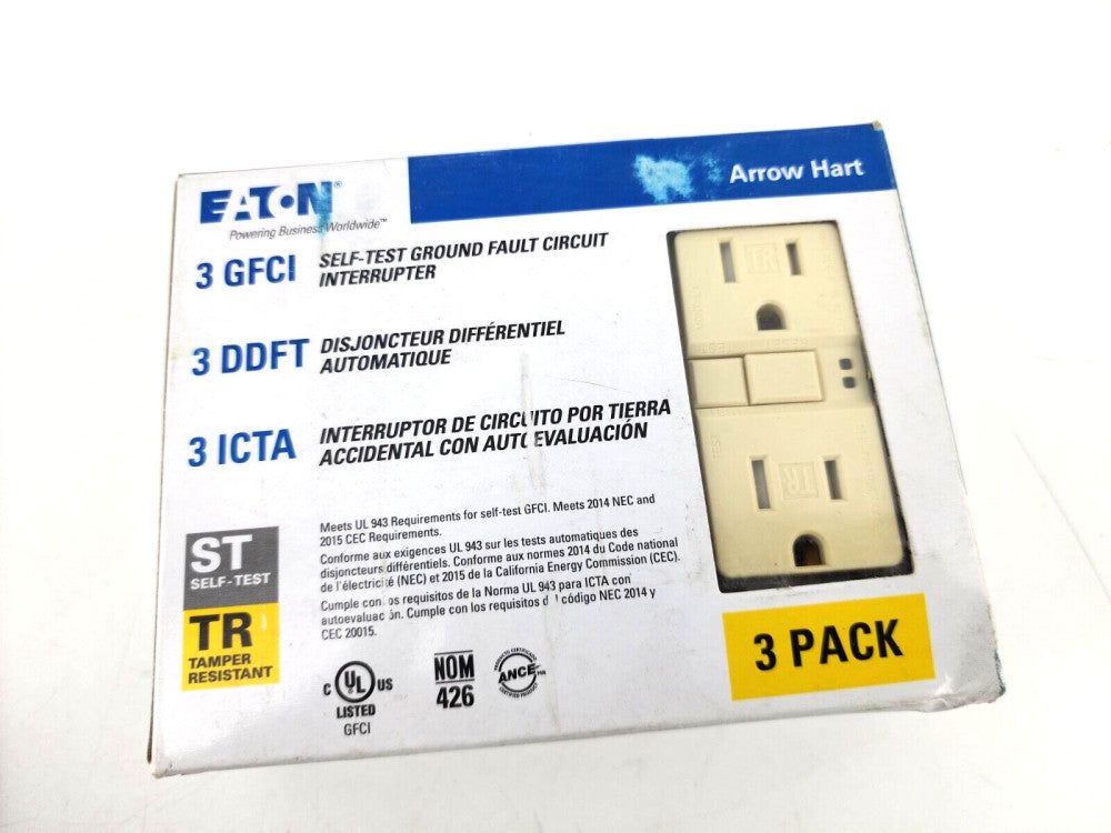 3pcs EATON TRSGF15V-3-L Arrow Hart Tamper Resistant Duplex GFCI Receptacle Ivory