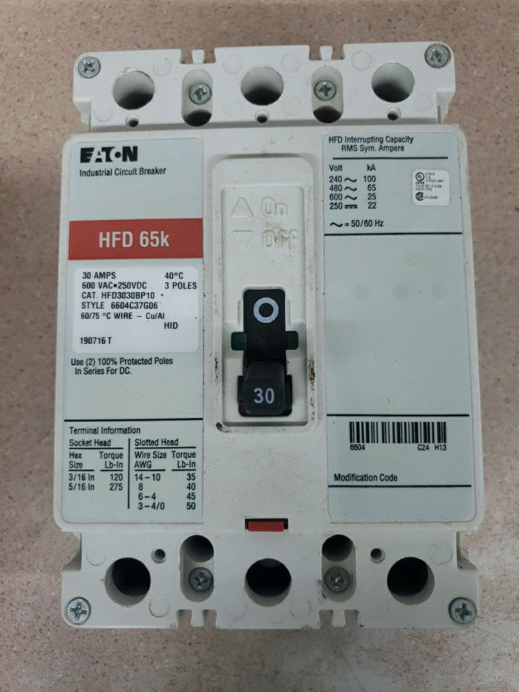 1) New Take Out Eaton HFD3030BP10 Circuit Breaker 30A 3P 600V Bolt On