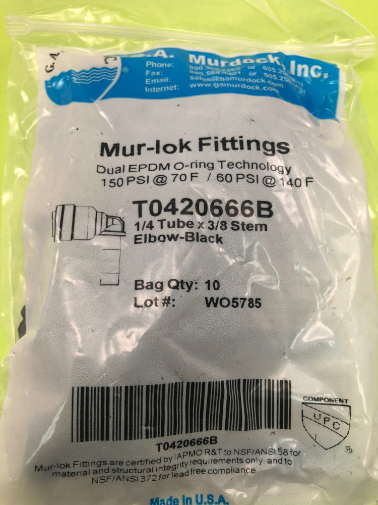 GA MURDOCK T0420666B 1/4 Tube x 3/8 Stem Elbow (Bag of 10)-FREE FAST SHIPPING