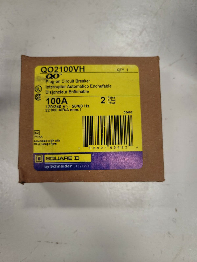 1 NEW SQUARE D TYPE QO2100VH 22K 2 POLE 100A 120/240V FOR NQOD,NQ,QO  