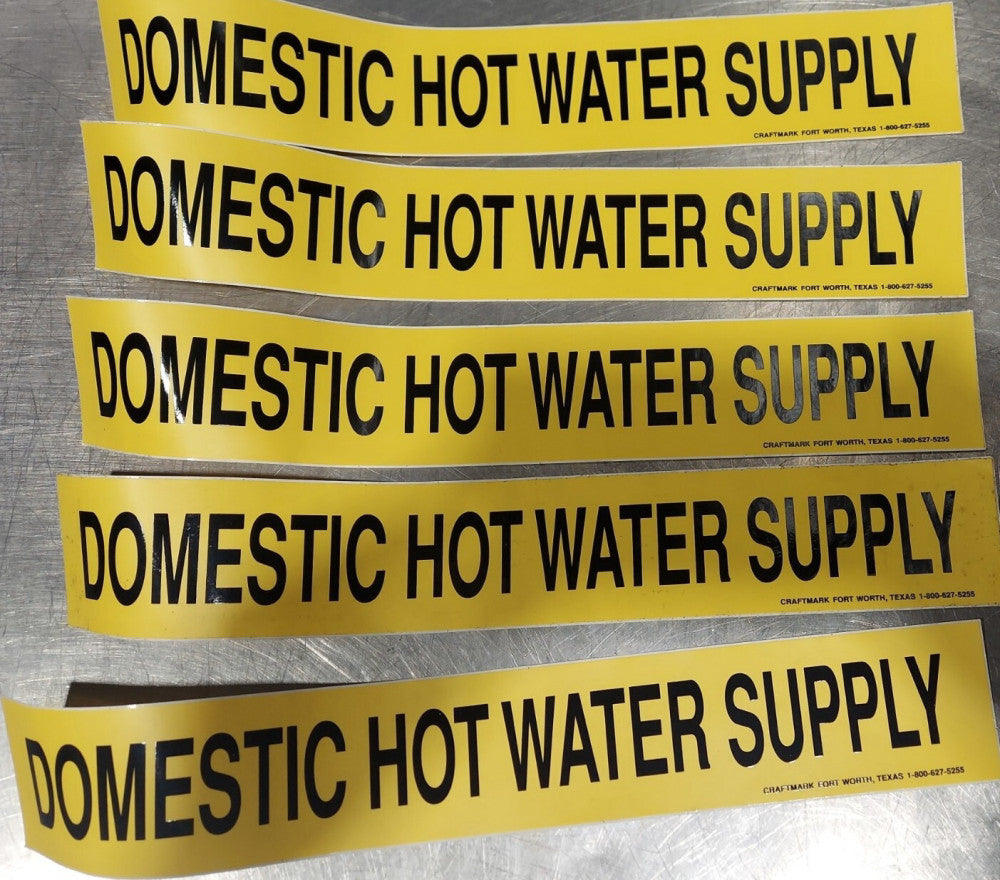 5 - CRAFTMARK Domestic Hot Water Supply PIPE MARKER. Yellow/Black 14" x 2-1/4"