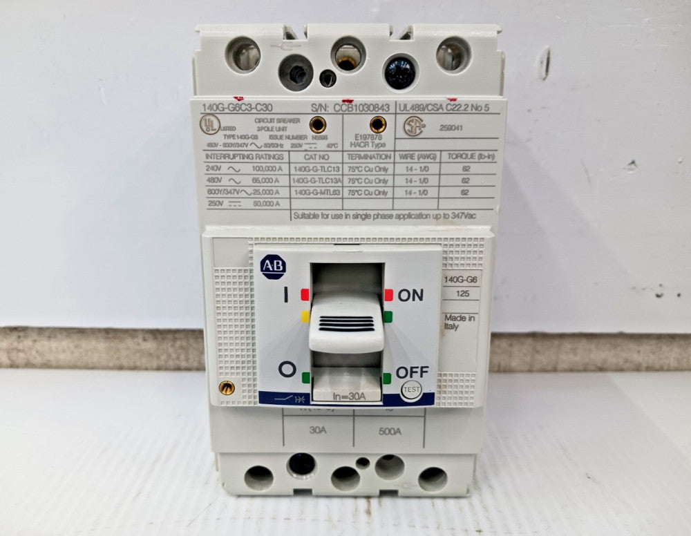 ALLEN BRADLEY 30 AMP CIRCUIT BREAKER 3 POLE 600Y/347 VAC 65kA 140G-G6C3-C30