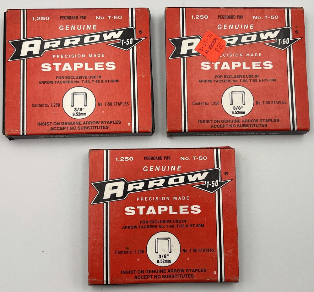 Genuine Arrow T-50 Staples 3/8” (1,250 ct) Set of 3 Boxes - New Old Stock