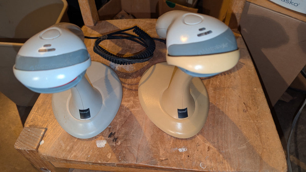(2) Metrologic MS9520 USB Barcode Scanners w Stands