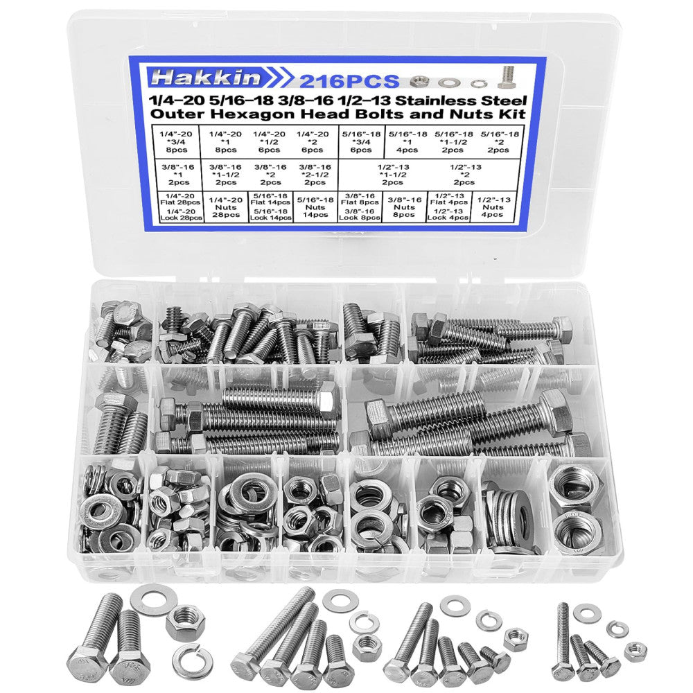 216Pcs Stainless Steel Hex Bolts and Nuts Assortment Kit, 1/4" 5/16" 3/8" 1/2...