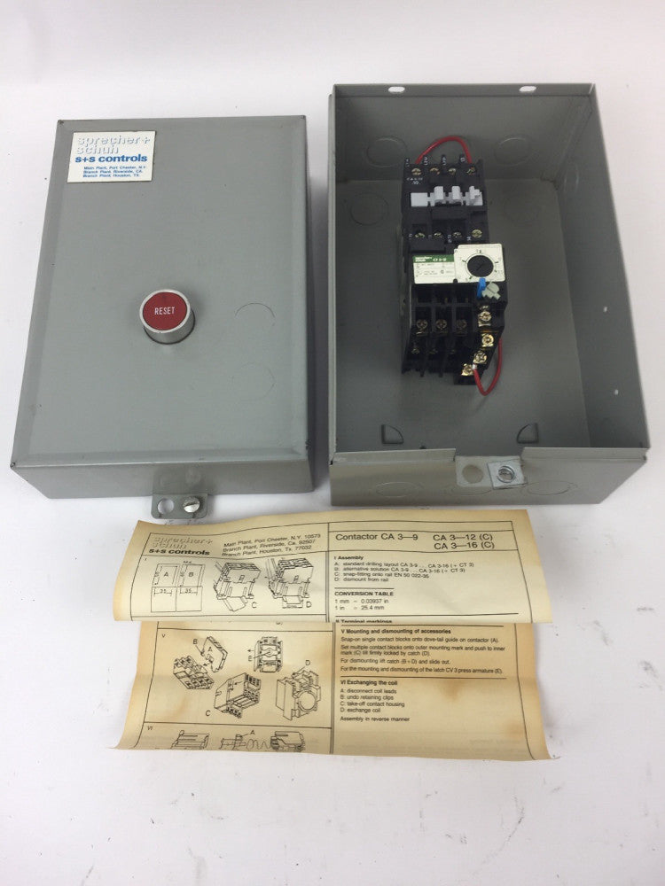 SPRECHER + SCHUH CA3-12 CONTACTOR CT3-12 OVERLOAD RELAY WITH ENCLOSURE RESET 