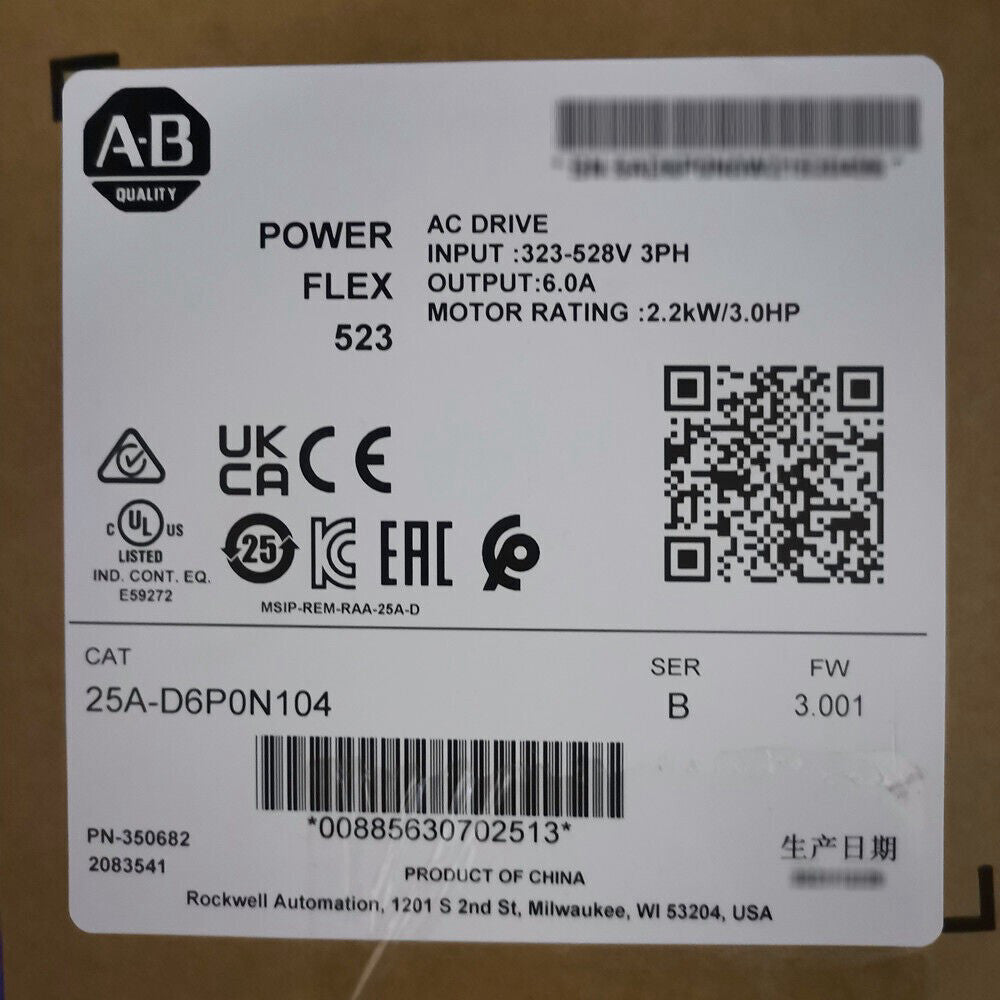 PowerFlex 523 AC Drive 6A 3HP 25AD6P0N104 Ser B In Factory Stock AB 25A-D6P0N104
