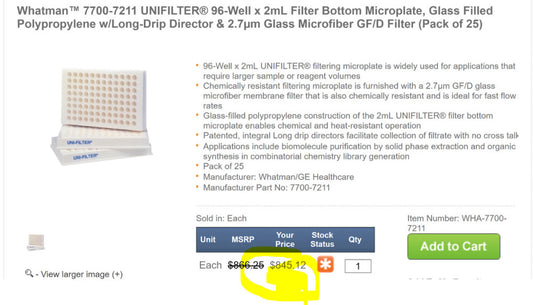 25 Pack) 96-Well 2mL GF/D Filter Bottom Microplate UNIFILTER Long Drip [A4S3]