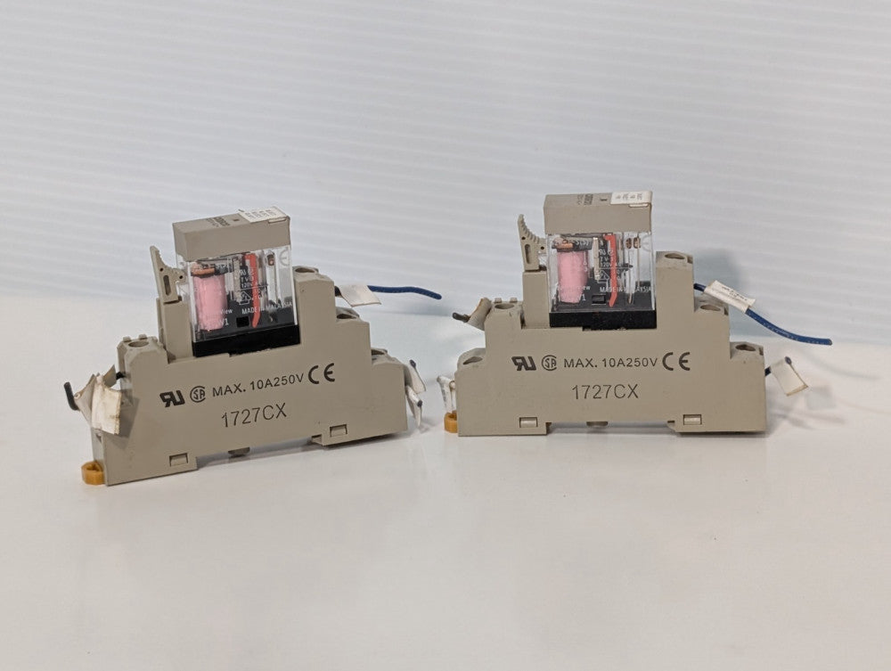 Lot of 2: Omron 1727CX, 10A, 250V industrial relay socket bases with relays