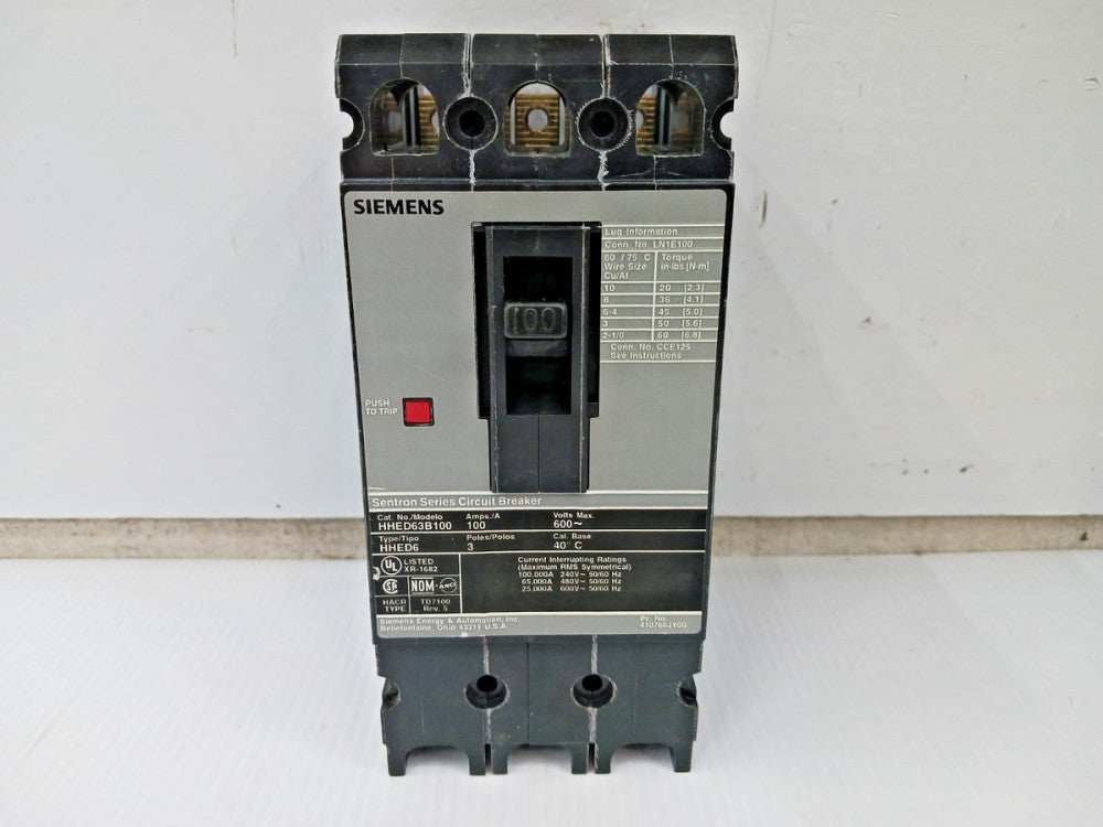 Siemens Sentron 100 Amp Circuit Breaker 3 Pole 600 VAC 65kA HHED63B100