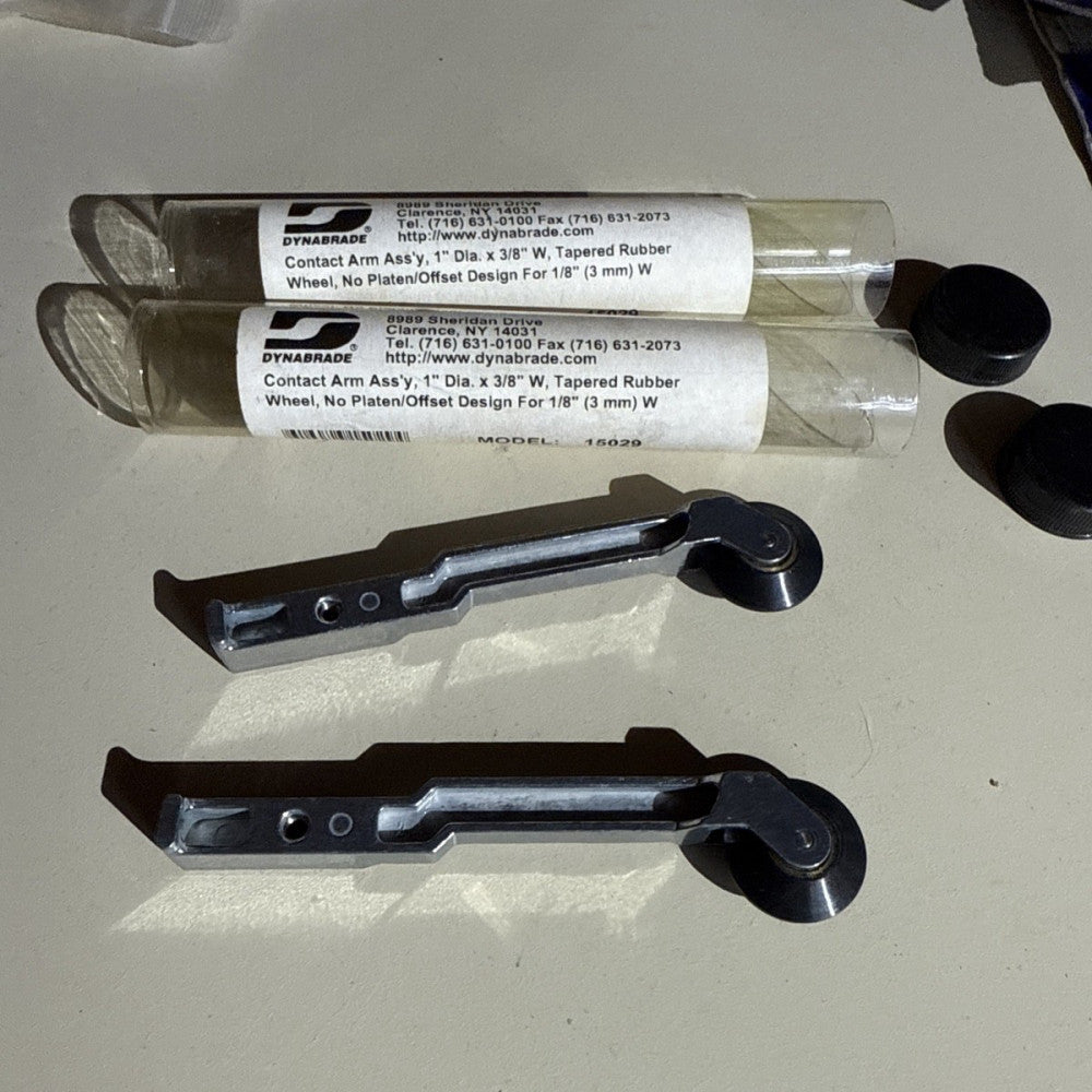 Lot 2 Dynabrade Contact Arm Assymbly 1” Dia X 3/8 W Tapered Rubber Wheel 15029