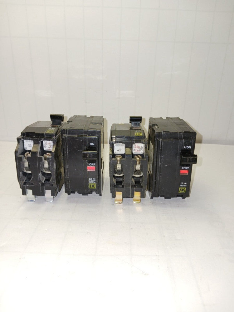 LOT OF 4) SQUARE D QO250 50 AMP CIRCUIT BREAKER PLUG IN 120/240 VAC 10 KA