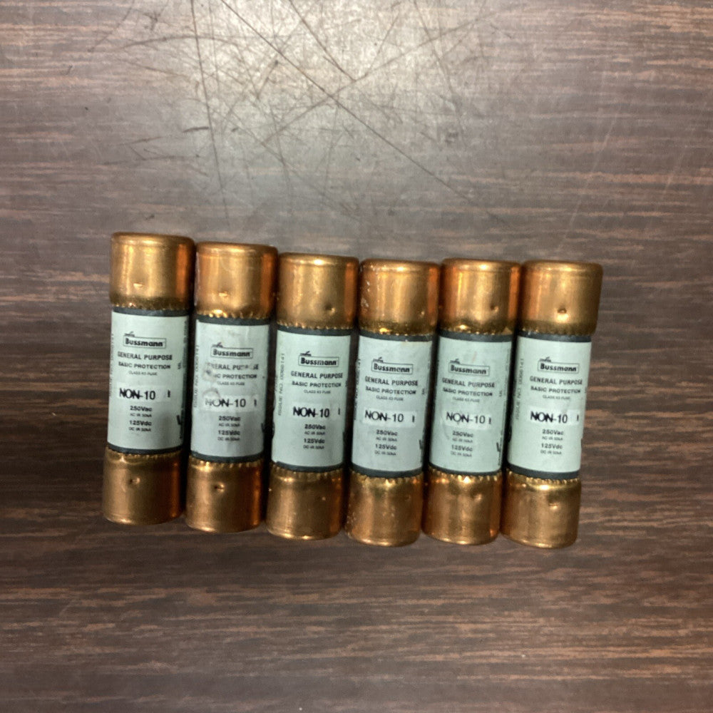 Bussmann NON-10, 10 Amp 250V Cartridge Fuse, Lot Of 6
