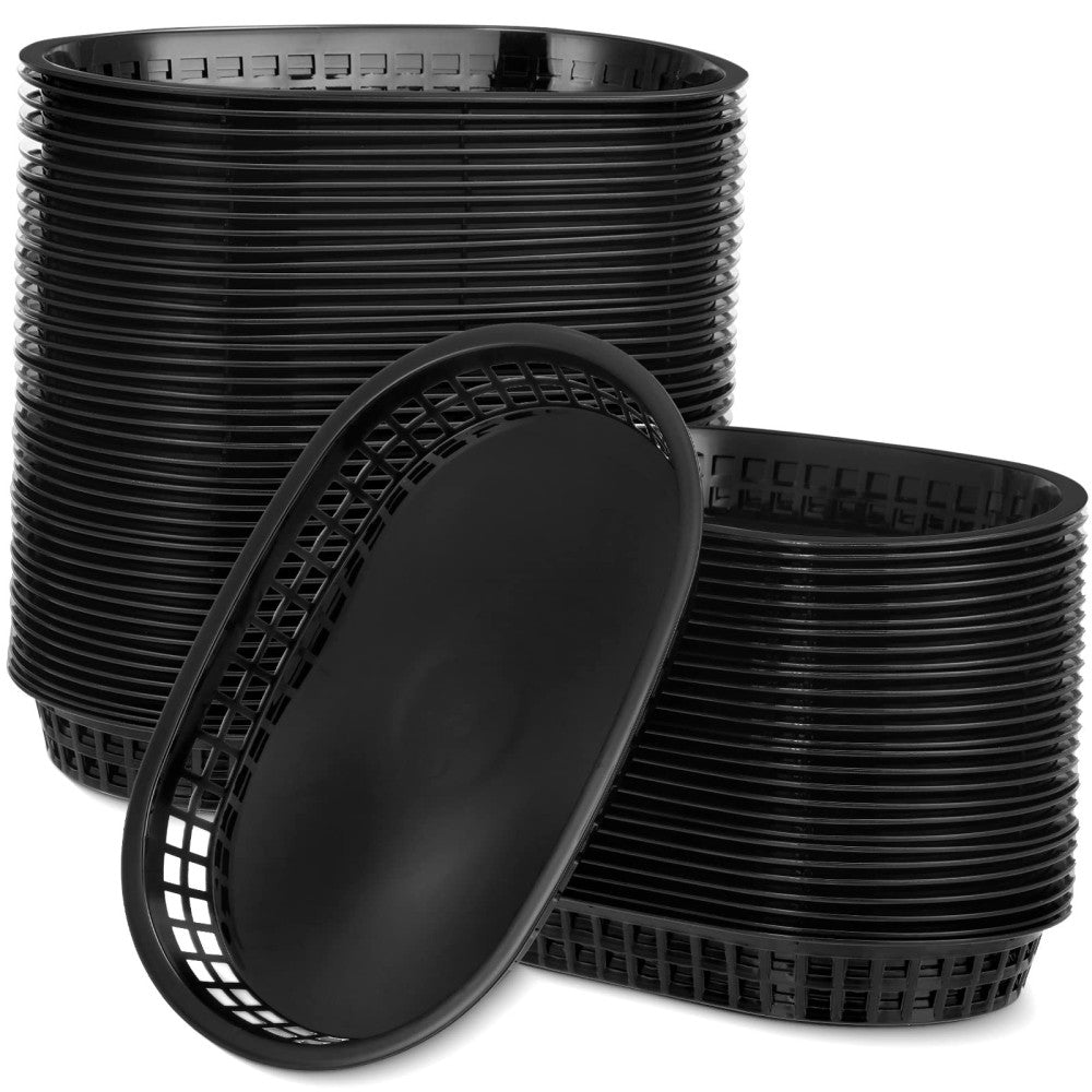 200 Fast Food Baskets 10.5 x 7 Inch Restaurant Tray Black Plastic Serving Bas...