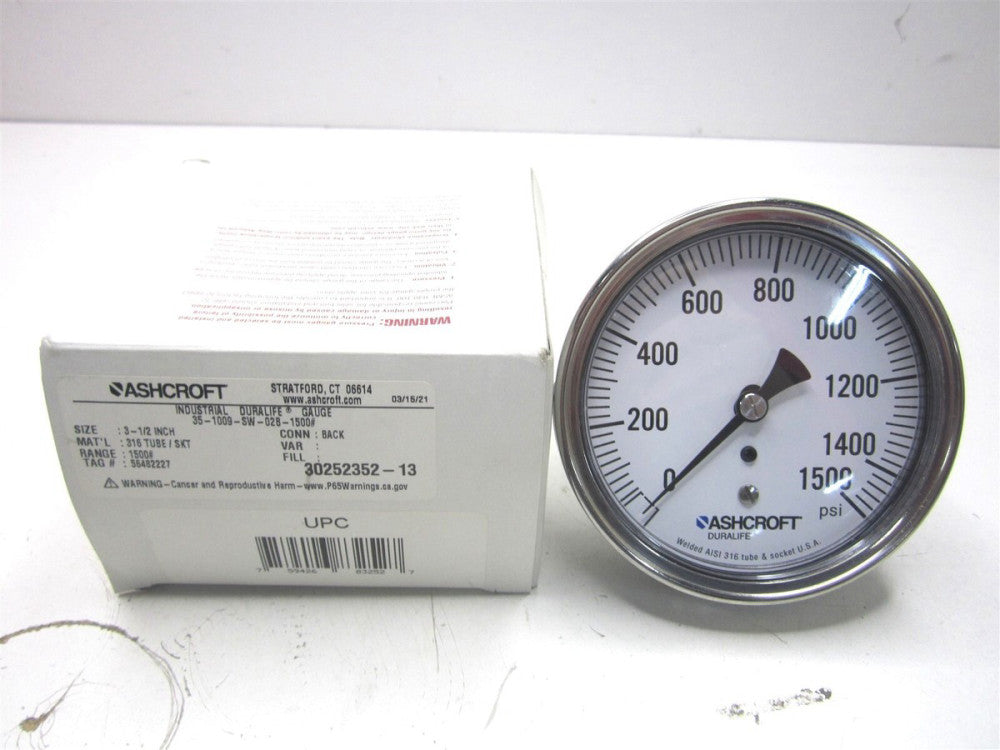 Ashcroft (83252) 3-1/2" Dial, 1,500 psi, 1/4" Thread Back Moutn Pressure Gauge