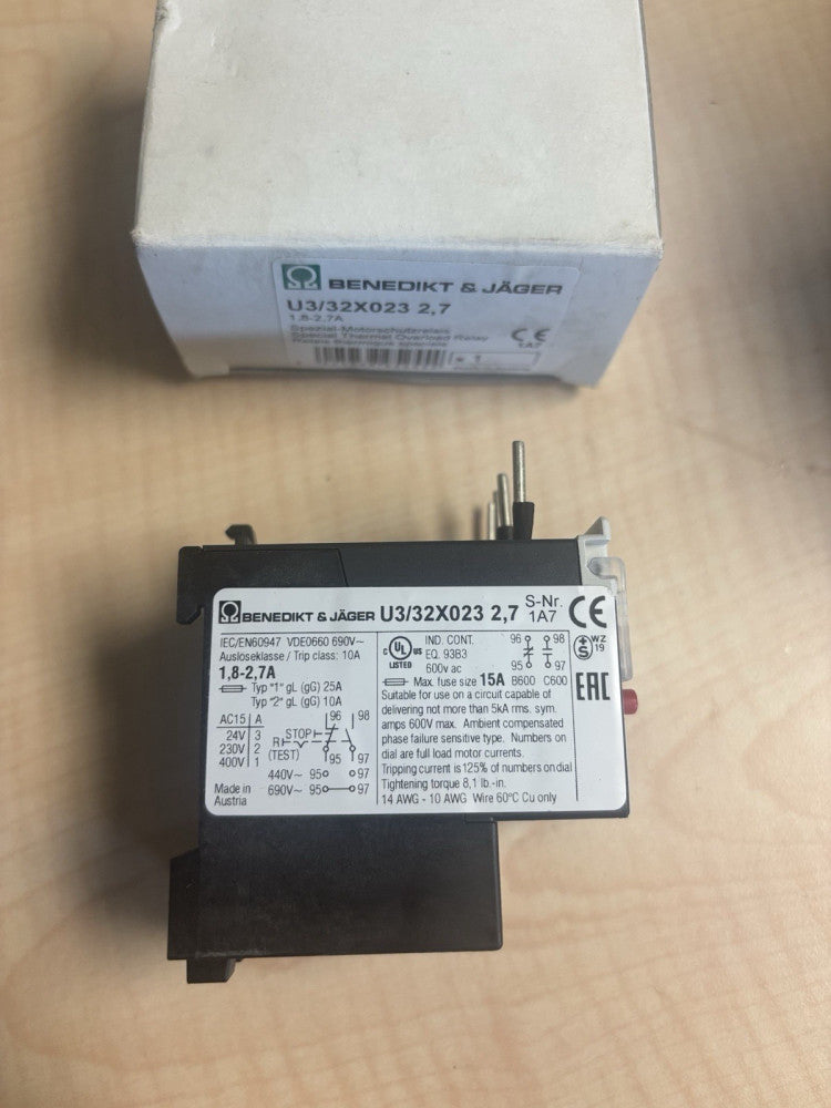 NEW BENEDIKT & JAGER THERMAL OVERLOAD RELAY 1.8-2.7A U3/32X023-2.7