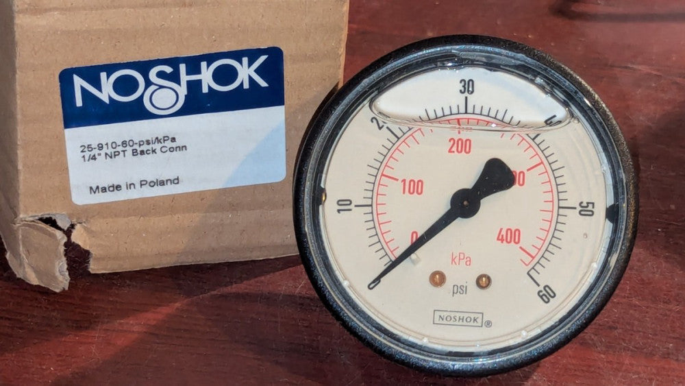 NoShock 2-12" Face  25-910-60-PSI/kPa Pressure Gauge 1/4" Back Connection NIB