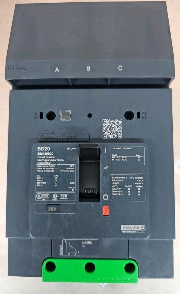 SQUARE D NTO BDA36020 20 Amp 3 Pole PowerPacT I-LINE Circuit Breaker