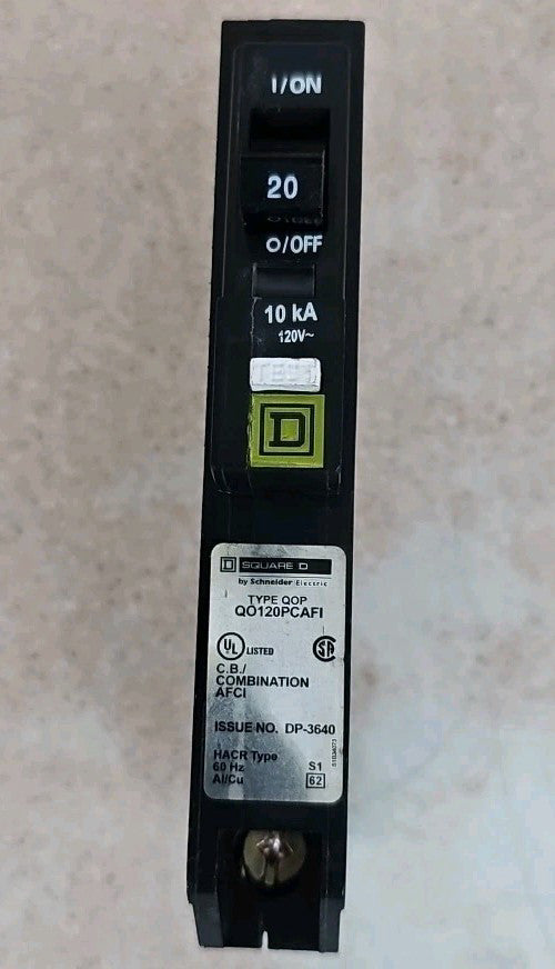 Square D QO120PCAFI 1 Pole 20 Amp AFCI Arc Fault Breaker Plug On Neutral NTO