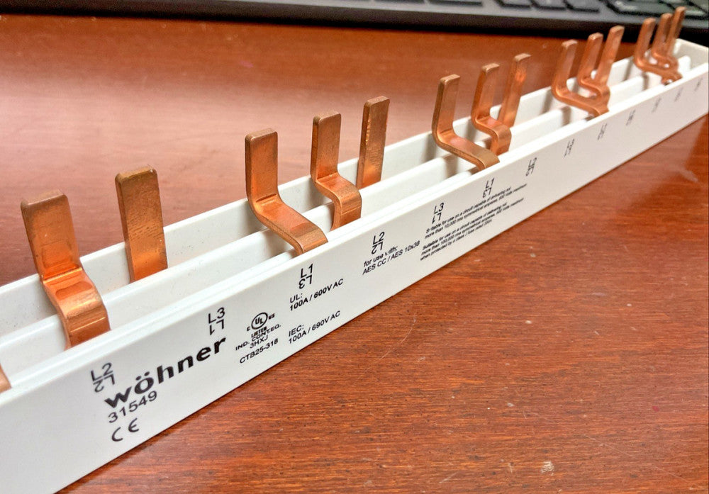 Wohner 31549 Comb-Type Busbar, 3-Pole, Bridge Type, Pitch 18mm, 12.750"Long
