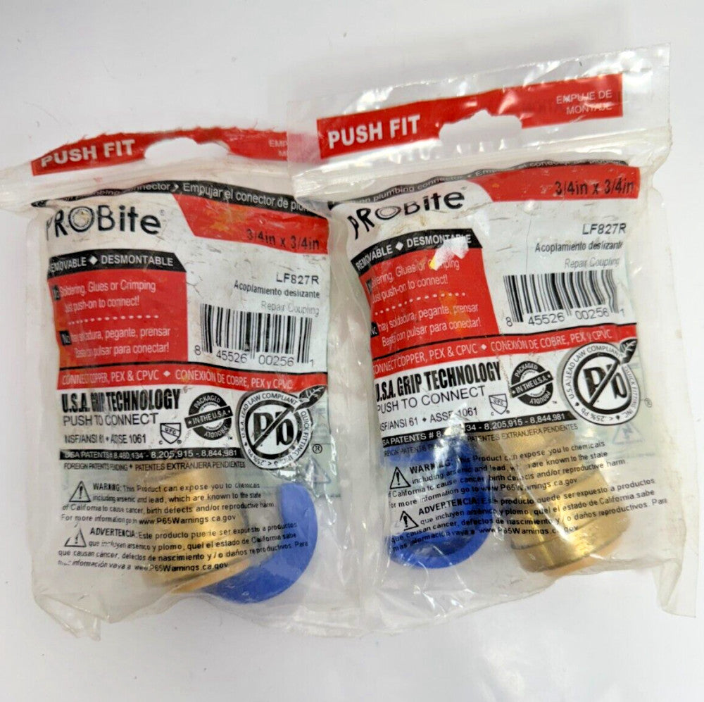 (Lot of 2) ProBite LF827R 3/4" x 3/4" Push Fitting Slip Coupling