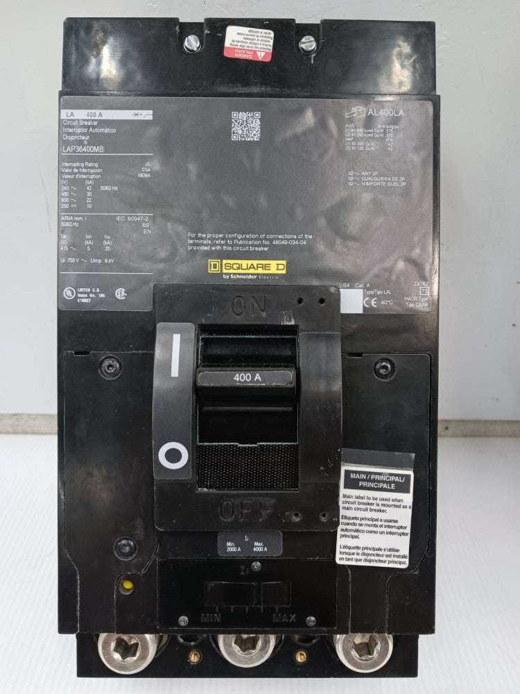 Square D 400 Amp Circuit Breaker 3 Pole 600 VAC / 250 VDC 30kA LAP36400MB
