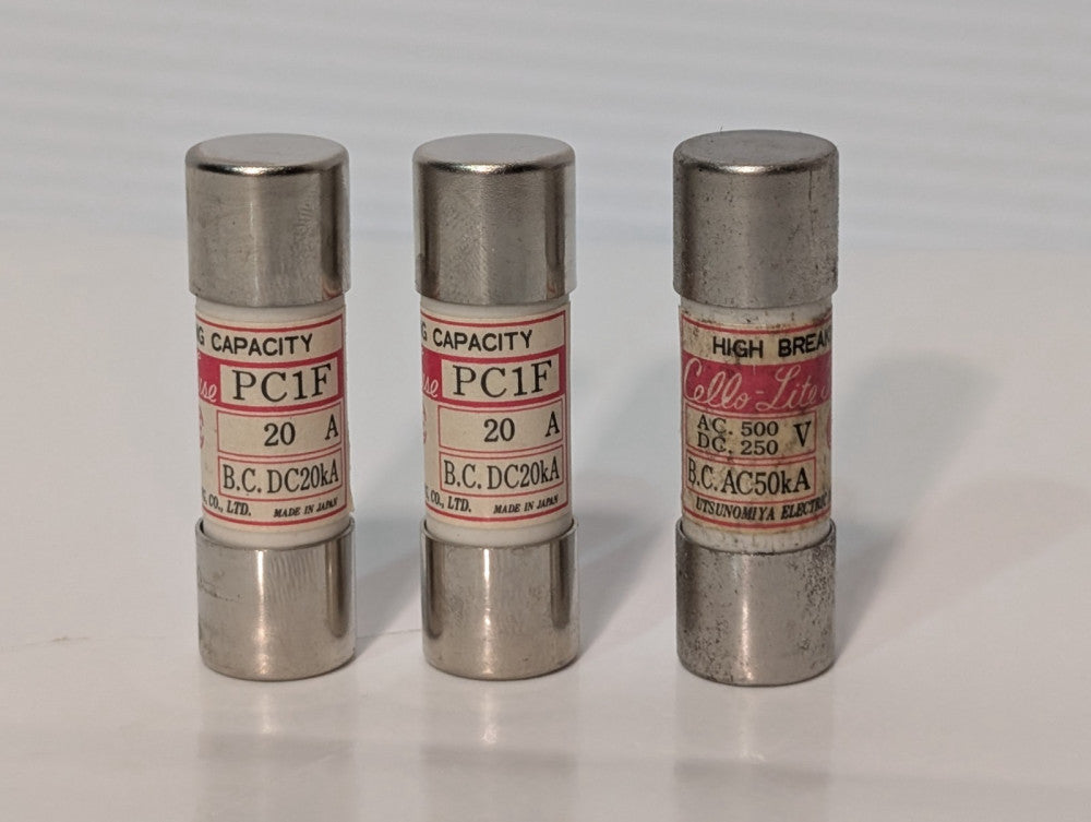 Lot of 3 Cello-Lite PC1F 20A High Hi Capacity Fuses B.C.DC20kA Made In Japan
