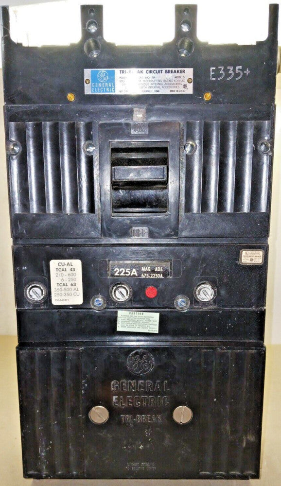 GENERAL ELECTRIC 400 AMP CIRCUIT BREAKER 3 POLE 600 VAC 225 AMP TRIP TB43F