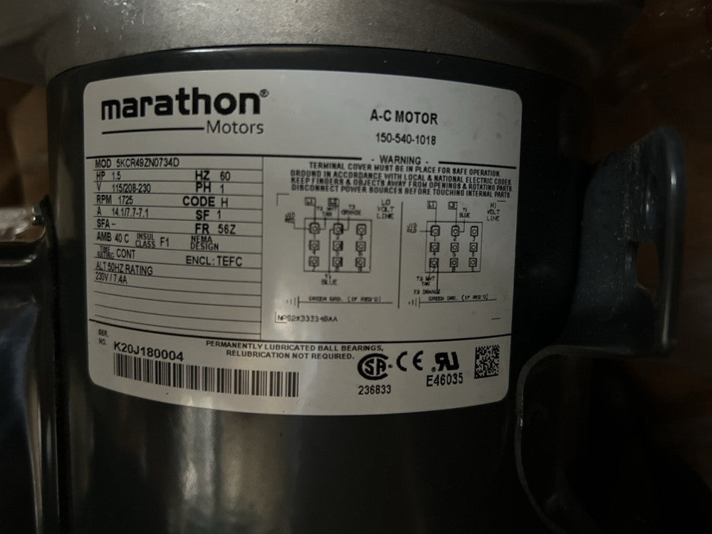Marathon 5KCR49ZN0734 w/ Bison 016-881-1008 AC GearMotor 1.5HP, Ratio: 8.1:1