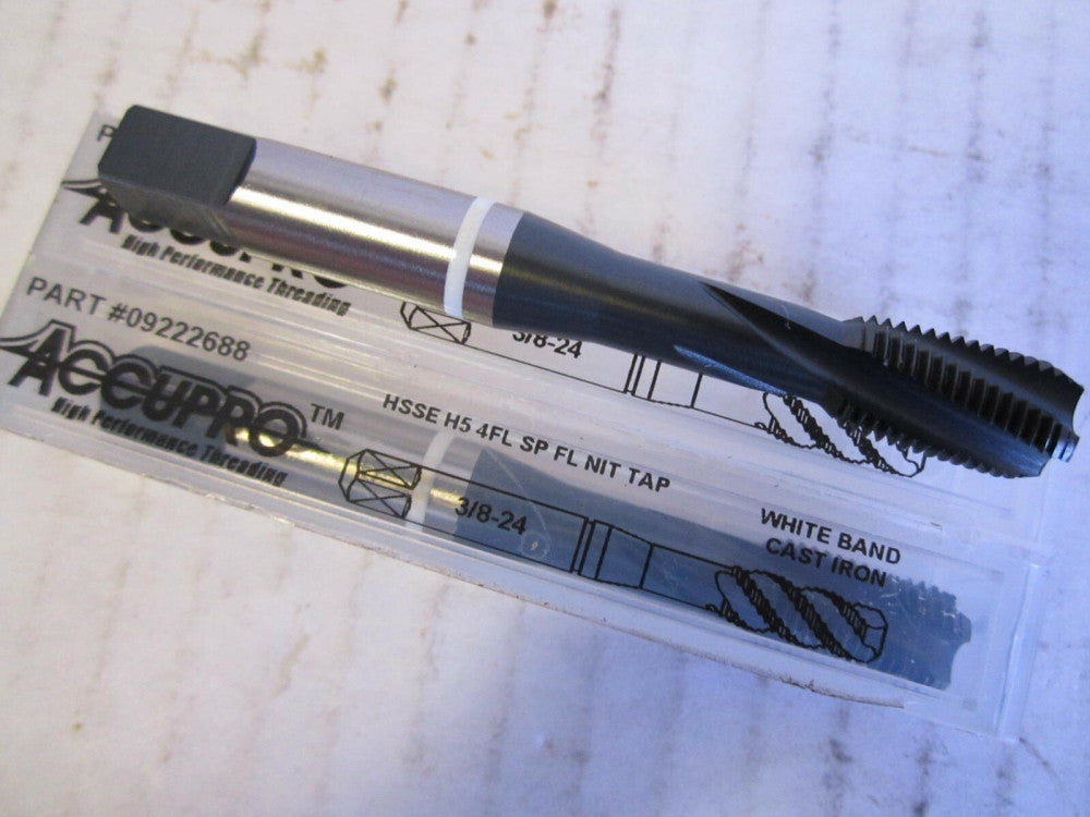 3/8-24 HSSE H5 Spiral Flute White Band 4-Flute Cast Iron Mod Bottoming Taps