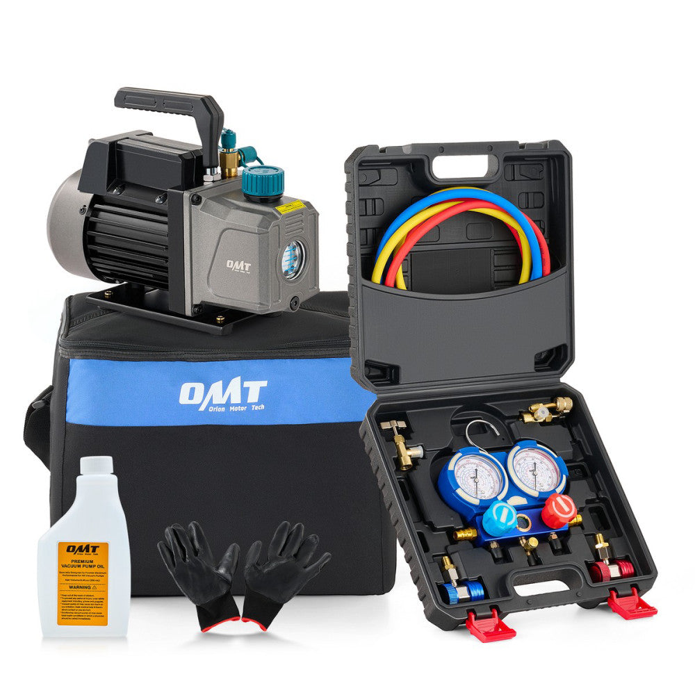 OMT Vacuum Pump & AC Gauge Set R22 R404a R134 R410 Coolant Recharging Kit 3.5cfm