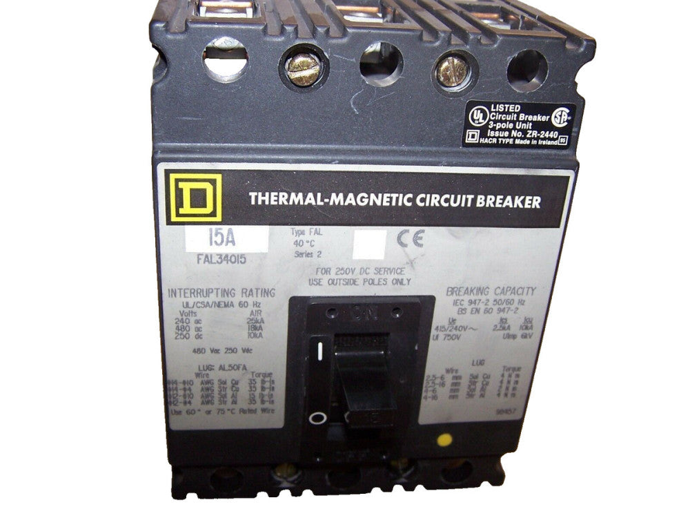 SQUARE D 15 AMP CIRCUIT BREAKER 3 POLE 480 VAC FAL34015 