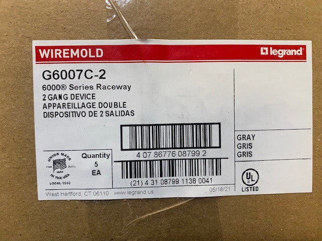 (5 Pack) Wiremold G6007C-2, 2 Gang Device plate- Grey (NEW)