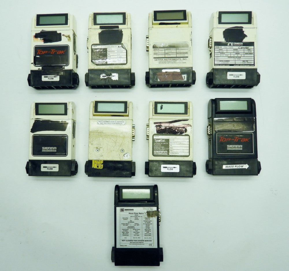 Lot of 9 Sierra and Omega Mass Flow Meter Ranges 0-2, 0-500, 0-100